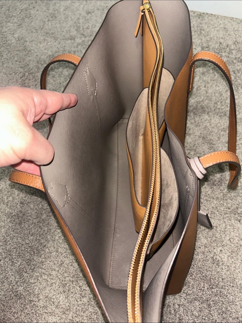 Tory Burch Cognac Pebbled Leather Tote with Taupe Tag Accents - Picture 10 of 14